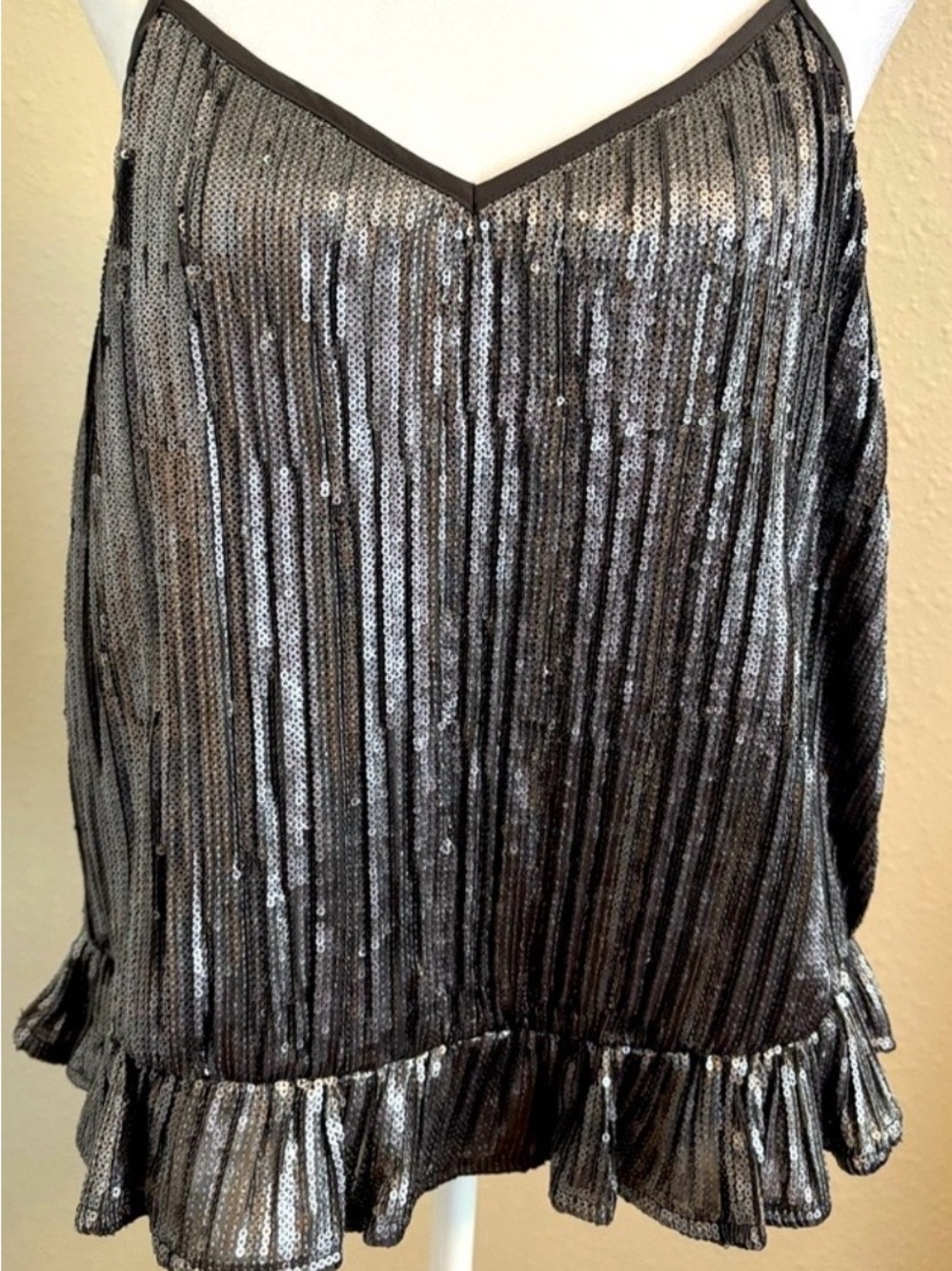 Anthropologie Silver Sequin Ruffle Hem Camisole